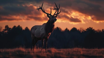 majestic elk standing at the edge of a meadow at dusk wildlife photography