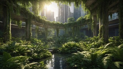 Verdant landscape engulfs cityscape, where flora dominates scene beneath towering, forsaken skyscrapers. Rays of light pierce green canopy, illuminating stark contrast of natures takeover.