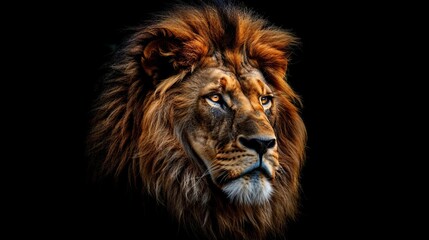 Fototapeta premium majestic lion portrait closeup on dramatic black background powerful wildlife photography digital art