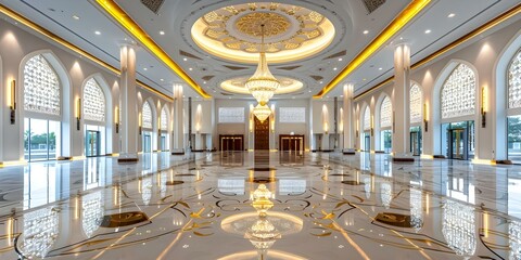 Obraz premium Luxurious High-Tech Mosque Interior with Gold and White Theme. Concept Luxury Interior Design, High-Tech Architecture, Mosque Decor, Gold and White Color Scheme