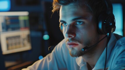 A person working on their laptop with a headset on, suitable for use as an illustration of remote work or office scenes