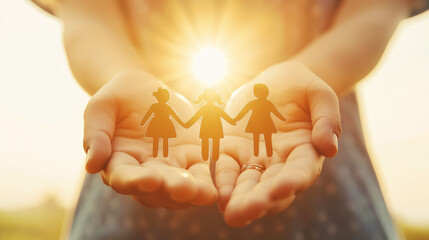 Woman's hands hold paper silhouette of children. Family care and insurance concept. Generative AI