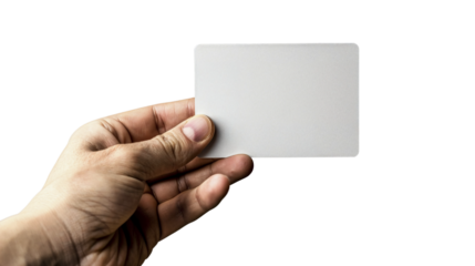 Close-up image of a hand holding a blank, empty credit card. The card is isolated against a transparent background, emphasizing the card's potential for customization.