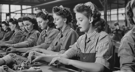 A group of women in 1940s fashion working together in a wartime factory
