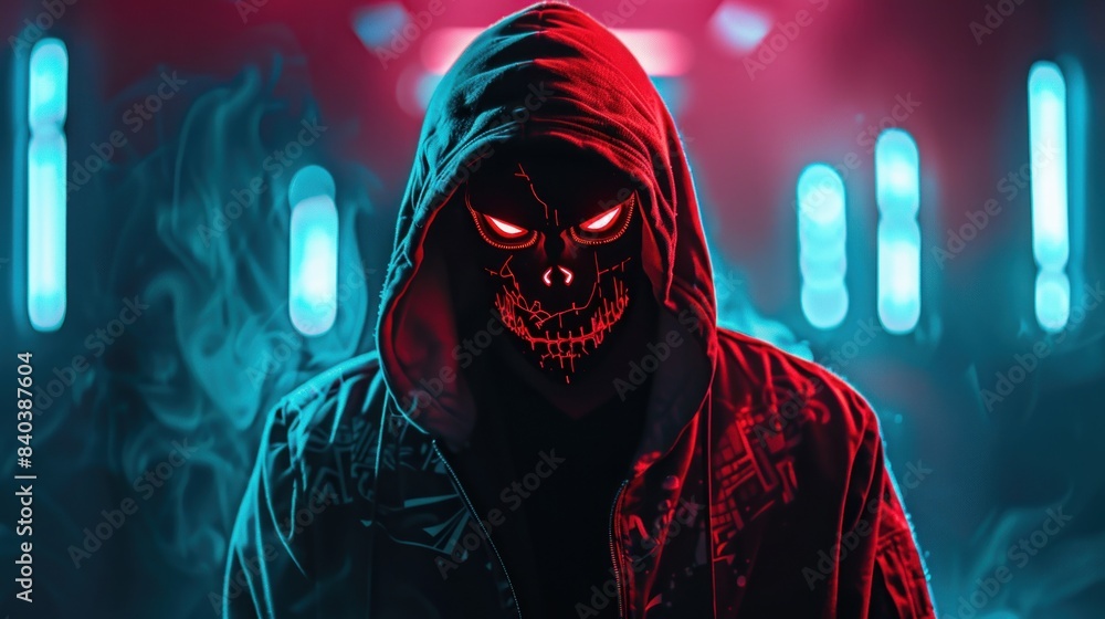 Poster anonymous mask hacker computer in hoodie and cyber security concept.