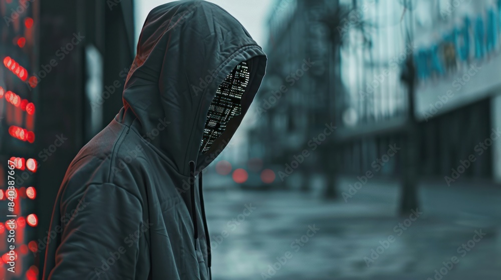Poster anonymous mask hacker computer in hoodie and cyber security concept.