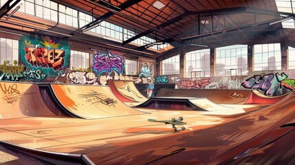 Thrilling Skate Park Scene with Graffiti Art Skateboards and Business Cards Professional Skater Lifestyle Stock Photo
