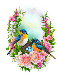 Spring background, two bright blue birds sitting near a nest with eggs, simulated branches, flowers, foliage braided into a round wreath, not AI