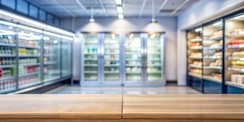 Empty table in front of blurred background. Empty counter beside refrigerator or freezer in department store.
