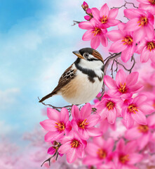 Spring holiday background, bright sparrow bird sitting on a branch of blooming pink sakura, soft focus, no AI