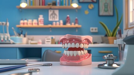 practice dental office decoration: tooth shaped planter on wooden desk interior design