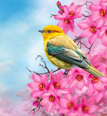Spring holiday background, a bright bird sitting on a branch of a blooming pink sakura, soft focus, no AI