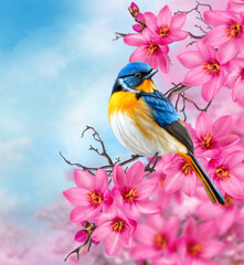 Spring holiday background, a bright bird sitting on a branch of a blooming pink sakura, soft focus, no AI