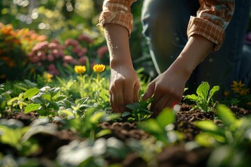 close-up of the farmer's hands, emphasizing the dirt and the care taken in tending the garden