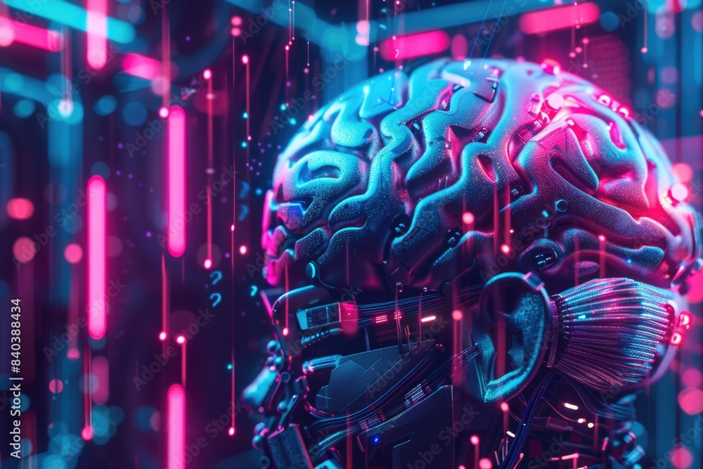 Poster a futuristic computer brain with glowing lights in the background, suitable for use in sci-fi or tec