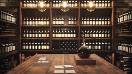 Exquisite Wine Cellar Sommelier's Haven with Business Card Racks Tasting Table and Decanter Luxury Winery Interior Concept for Tasting Events and Fine Dining Establishments