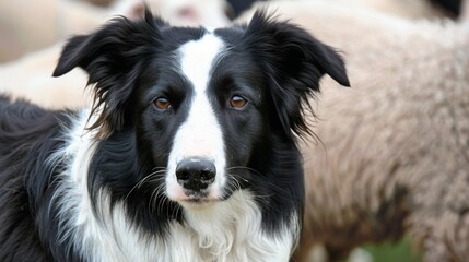 Fototapeta premium a black and white border collie dog standing alertly in a field next to a flock of sheep.