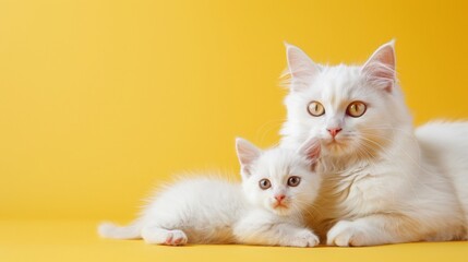 A white cat and its kitten lay side-by-side on a yellow background. Both cats have bright, yellow eyes and soft, white fur. The kitten looks up at the camera, while the mother cat looks off to the