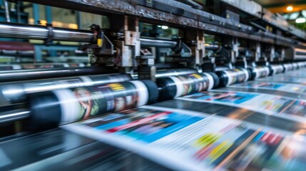 a conveyor belt moving fresh newspapers in a printing factory.