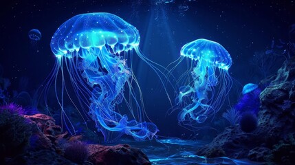 mesmerizing glowing jellyfish underwater bioluminescent deep sea creatures aigenerated digital art
