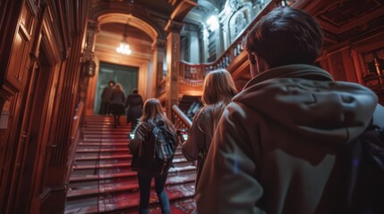 Fototapeta premium A corporate teambuilding event with ghost hunting activities in a historic building, participants using EMF detectors, photorealistic