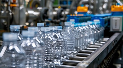 Obraz premium a conveyor belt filled with clear plastic water bottles in a factory.