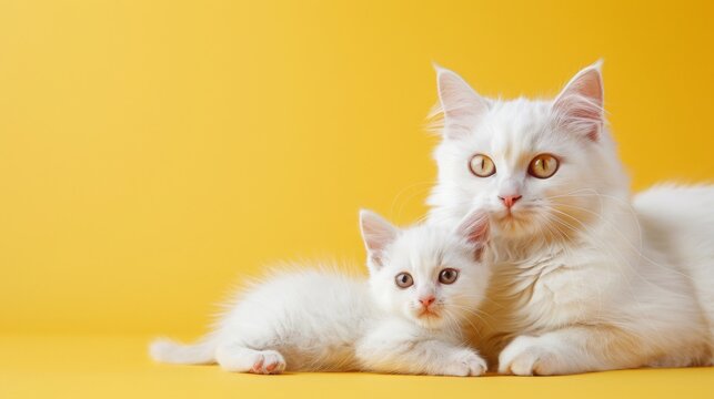 A white cat and its kitten lay side-by-side on a yellow background. Both cats have bright, yellow eyes and soft, white fur. The kitten looks up at the camera, while the mother cat looks off to the