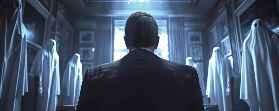 A CEO hiring a ghost hunting team to investigate paranormal activity in their company s headquarters, elegant and dark, photorealistic