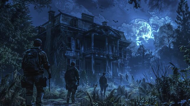 A group of ghost hunters exploring a haunted mansion on Halloween night, eerie moonlight, spooky atmosphere, photorealistic