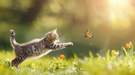 A playful kitten leaps through tall green grass, its eyes fixed on a bright butterfly fluttering above. - Powered by Adobe