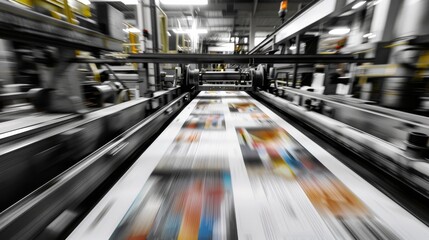 A printing press with large printing presses churning out newspapers and magazines. -