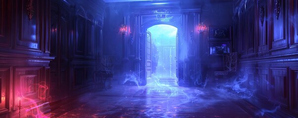 Mysterious glowing portal in dark room with mystical fog and vibrant lighting, evoking a sense of fantasy and wonder.