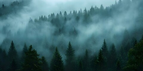 Enchanting Forest Scene Dark Fog, Mountain Fir Trees, and Dreamy Weather. Concept Forest Photography, Foggy Landscapes, Nature Portraits, Dreamy Atmosphere, Ethereal Scenes