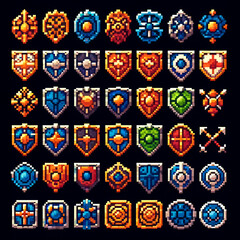 RPG pixel art ancient shield icons sprite sheet