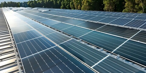 Aerial view of solar power station on factory rooftop. Concept Solar Power Stations, Rooftop Installation, Renewable Energy, Aerial Photography, Industrial Technology