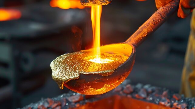A metal casting foundry with furnaces melting metal for casting into molds.