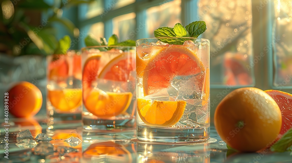 Poster this image is generated using artificial intelligence to show an elegant gin and tonic setup with vi