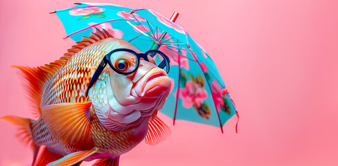 Creative image of tropical fish with umbrella and spectacles on light pink background