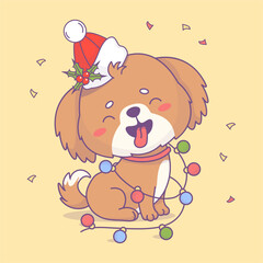 Fototapeta premium Christmas happy mongrel dog in hat with festive garland. Cute cartoon kawaii character animal. Vector illustration. Kids collection