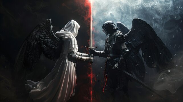 Angel Knight versus dark knight with dramatic background