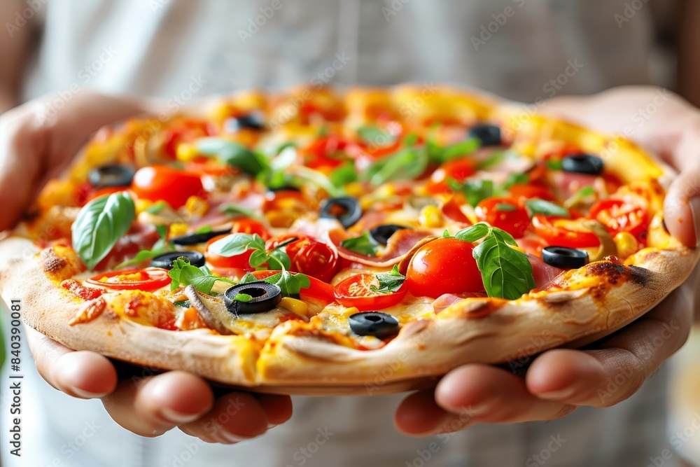 Aufkleber close up of pizza held in hands against blurred background with ample space for text placement