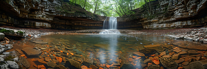 Fototapeta premium A panoramic view of a nature ravine, the steep cliffs and clear stream creating a dramatic scene