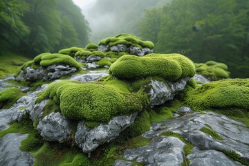 Moss-covered rocks in a serene woodland, showcasing natural textures. 