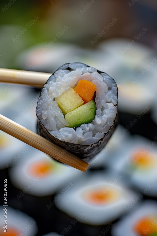 Aufkleber macro shot of sushi and chopsticks on blurred background with ample space for text placement