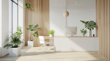 Fototapeta premium minimalist white open office with natural wood accents and green plants 3d rendering
