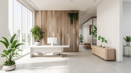 minimalist white open office with natural wood accents and green plants 3d rendering