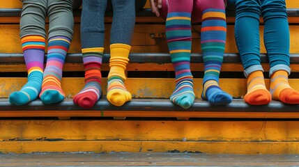 mismatched socks on stairs for odd socks day and antibullying awareness conceptual photo