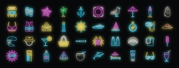 Seaside icons set outline vector. Summer sea. Resort island neon color on black © anatolir