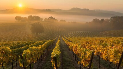 misty vineyard awaiting autumns bountiful harvest golden sunrise landscape photography