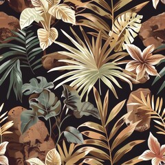 tropical palm tree leaves brown botanical seamless pattern flat illustration